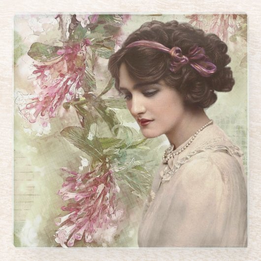  Dame Elegant Pink Floral Glazen Onderzetter (Voorkant)