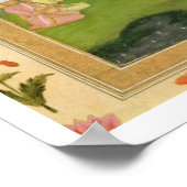 Dame en bediende die naar muziek luistert bij zons poster (Hoek)