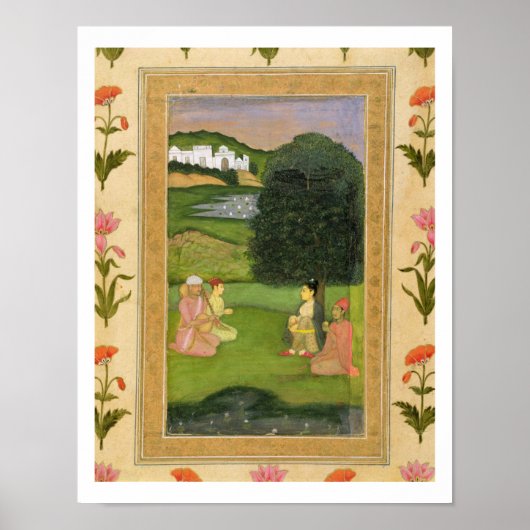 Dame en bediende die naar muziek luistert bij zons poster (Voorkant)