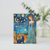 Dame en de kat in de stad 's nachts briefkaart (Staand voorkant)