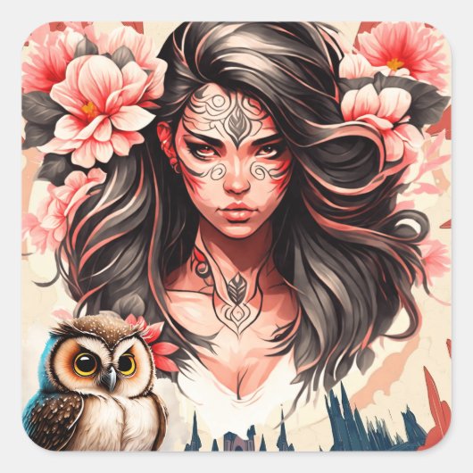 Dame en de uil vierkante sticker (Voorkant)