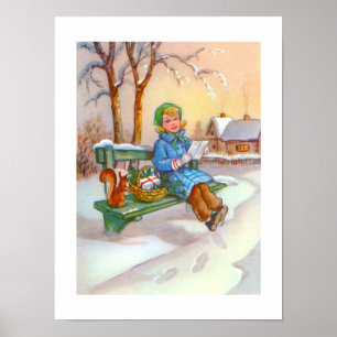 Dame en eekhoorn vintage kunst poster