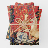 Dame en eenhoorn leeuw, bloemen, dieren middeleeuw inpakpapier vel (In situ)