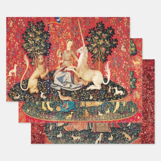 Dame en eenhoorn leeuw, bloemen, dieren middeleeuw inpakpapier vel (Set)