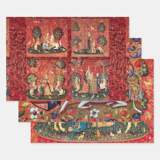 Dame en eenhoorn leeuw, bloemen, dieren middeleeuw inpakpapier vel (Set)