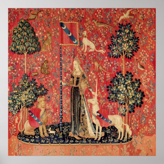 DAME EN EENHOORN Leeuw,Fantasie Bloemen,Dieren Poster (Voorkant)