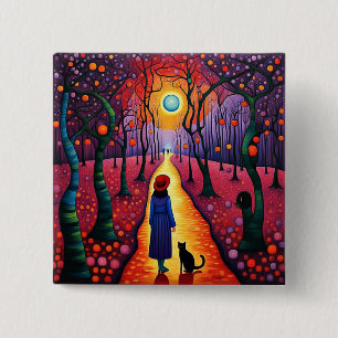 Dame en haar kat in Plum Grove Vierkante Button 5,1 Cm