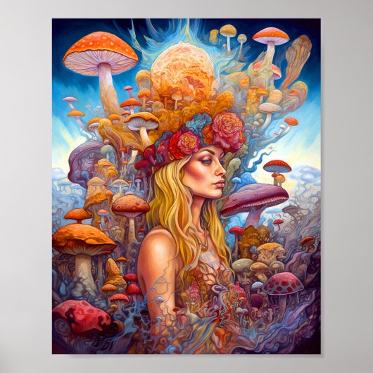 Dame en paddenstoelen Surreal Fantasy Art Poster (Voorkant)