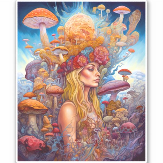 Dame en paddenstoelen Surreal Fantasy Art Sticker (Voorkant)