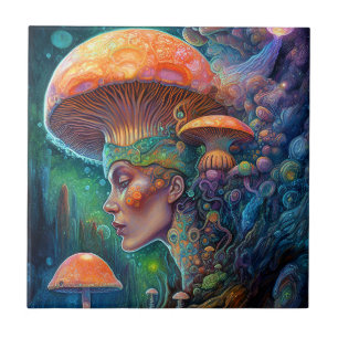 Dame en paddenstoelen Surreal Fantasy Art Tegeltje