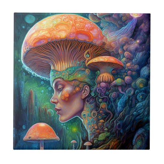 Dame en paddenstoelen Surreal Fantasy Art Tegeltje (Voorkant)
