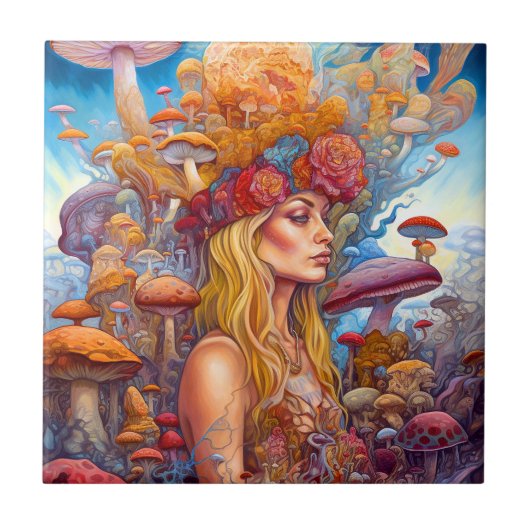 Dame en paddenstoelen Surreal Fantasy Art Tegeltje (Voorkant)