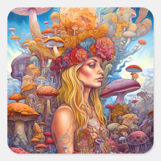 Dame en paddenstoelen Surreal Fantasy Art Vierkante Sticker (Voorkant)