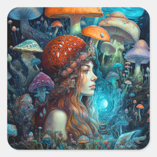 Dame en paddenstoelen Surreal Fantasy Art Vierkante Sticker