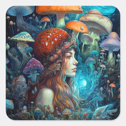 Dame en paddenstoelen Surreal Fantasy Art Vierkante Sticker (Voorkant)