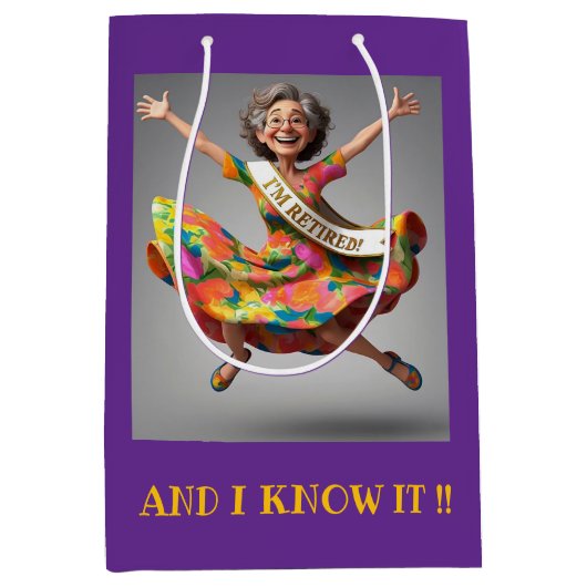 "DAME GAAT EINDELIJK MET PENSIOEN" MEDIUM CADEAUZAKJE (Voorkant)