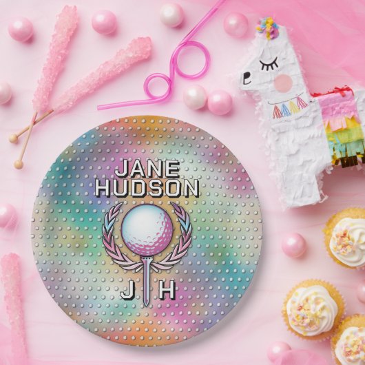 Dame golfer aangepaste monogram kleurontwerp papieren bordje (Feest)