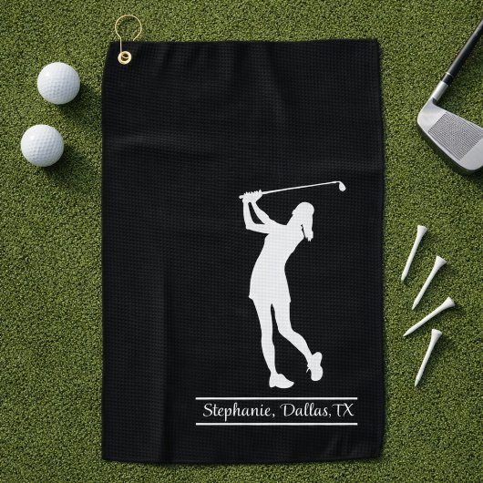 Dame Golfer Silhouet Naam Stad Monogram Golfhanddoek