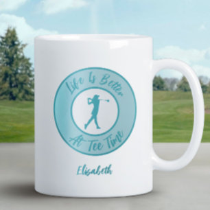 Dame Golfer Tee Tijd Naam Sport Humor Grappig Teal Grote Koffiekop