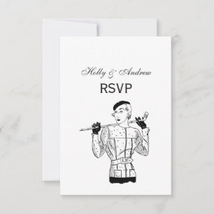 Dame golfer uit de jaren 30 met golfclub RSVP kaartje