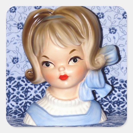  dame Head Vase Little Girl Blue Bow Vierkante Sticker (Voorkant)