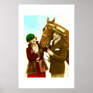 Dame, heer en paard vintage poster
