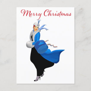 Dame in Blauw Kerstmis Groet Briefkaart