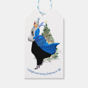  Dame in Blauw Kerstmis Groet Cadeaulabel