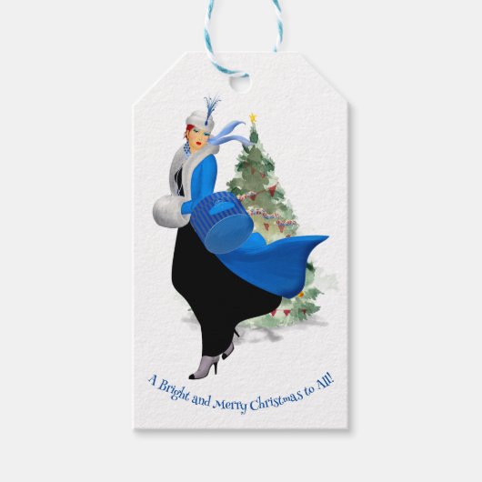Dame in Blauw Kerstmis Groet Cadeaulabel (Voorkant)
