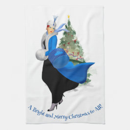  Dame in Blauw Kerstmis Groet Theedoek