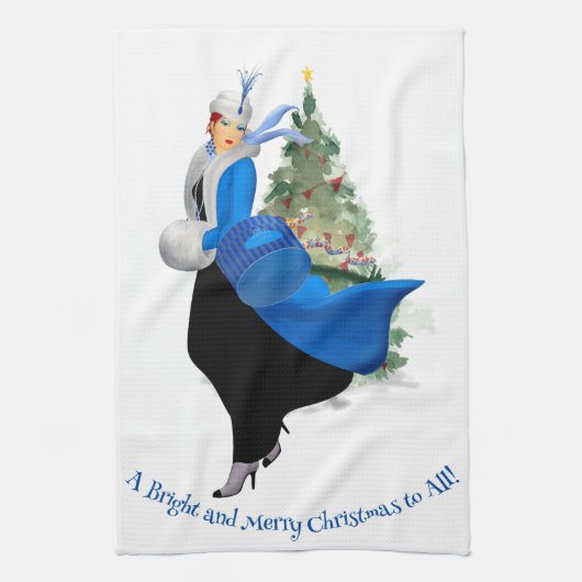 Dame in Blauw Kerstmis Groet Theedoek (Verticaal)