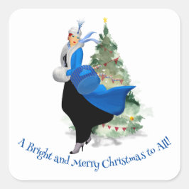  Dame in Blauw Kerstmis Groet Vierkante Sticker