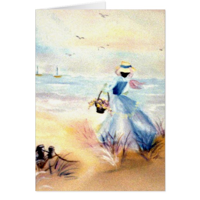 Dame in blauw op strand schilderen (Voorkant)