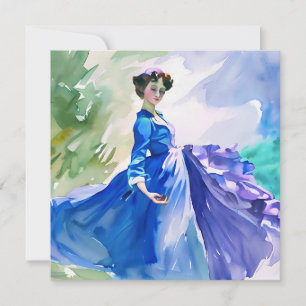 Dame in blauwe jurk - Aquarelschilderij Kaart