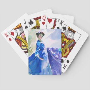 Dame in blauwe jurk - Aquarelschilderij Pokerkaarten