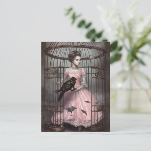 Dame in de Vogelkooi Met Vreemde Vogel Briefkaart (Staand voorkant)