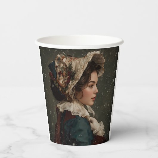 Dame in de winter papieren bekers (Achterkant)