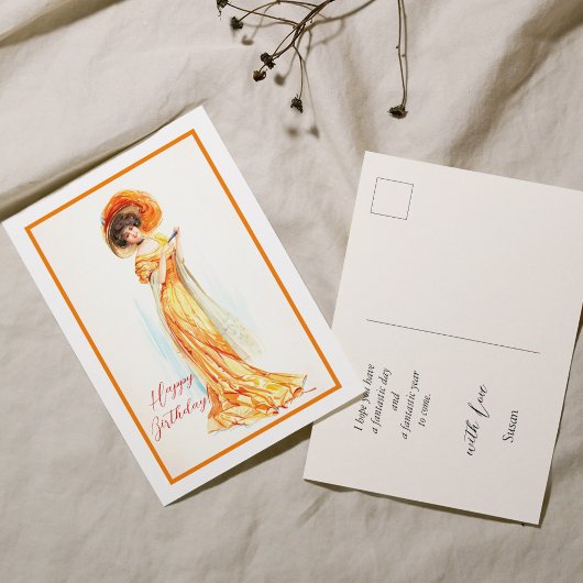 Dame in een gele jurk, Gefeliciteerd met je verjaa Briefkaart