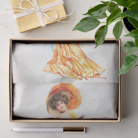 Dame in een gele jurk, ontcijferen tissuepapier (Geschenk)