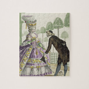 Dame in een Lila drespromenades in de tuinen van Legpuzzel