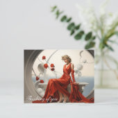 Dame in een rode jurk in een witte kamer schilderi briefkaart (Staand voorkant)