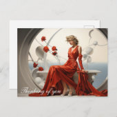 Dame in een rode jurk in een witte kamer schilderi briefkaart (Voorkant / Achterkant)