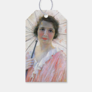 Dame in een Roze Jurk met een Parasol Cadeaulabel