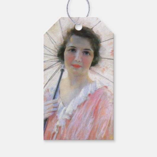  Dame in een Roze Jurk met een Parasol Cadeaulabel (Voorkant)