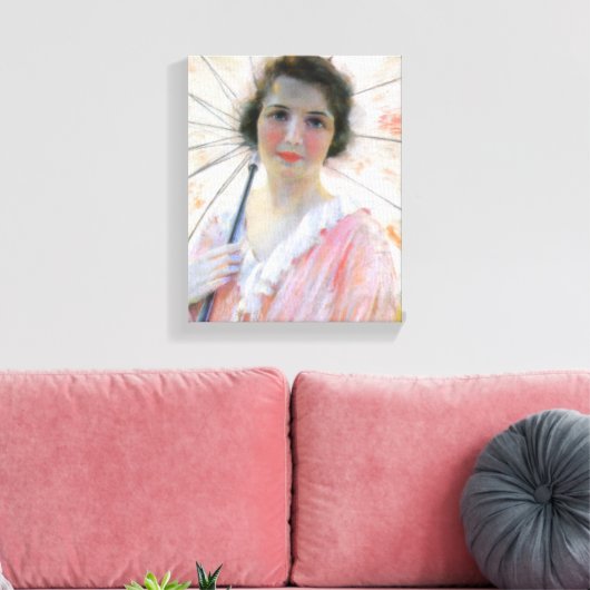 Dame in een roze jurk met een parasol (Robert Reid Canvas Afdruk (Insitu (Woonkamer))