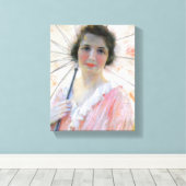 Dame in een roze jurk met een parasol (Robert Reid Canvas Afdruk (Insitu (Houten vloer))