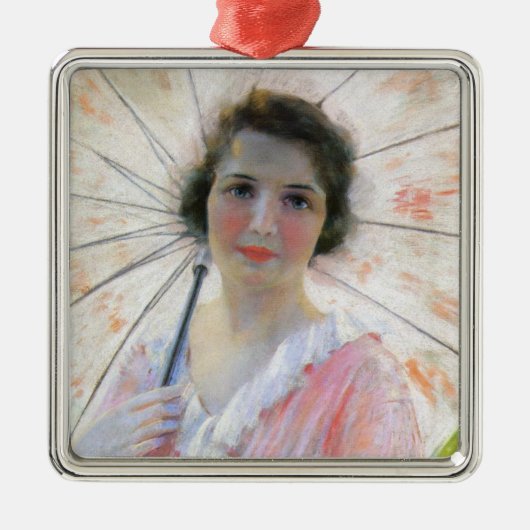 Dame in een roze jurk met een parasol (Robert Reid Metalen Ornament (Voorkant)