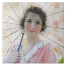 Dame in een roze jurk met een parasol (Robert Reid