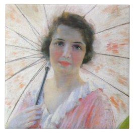 Dame in een roze jurk met een parasol (Robert Reid Tegeltje