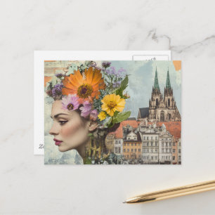 Dame in een stads collage bloemen gebouwen briefkaart